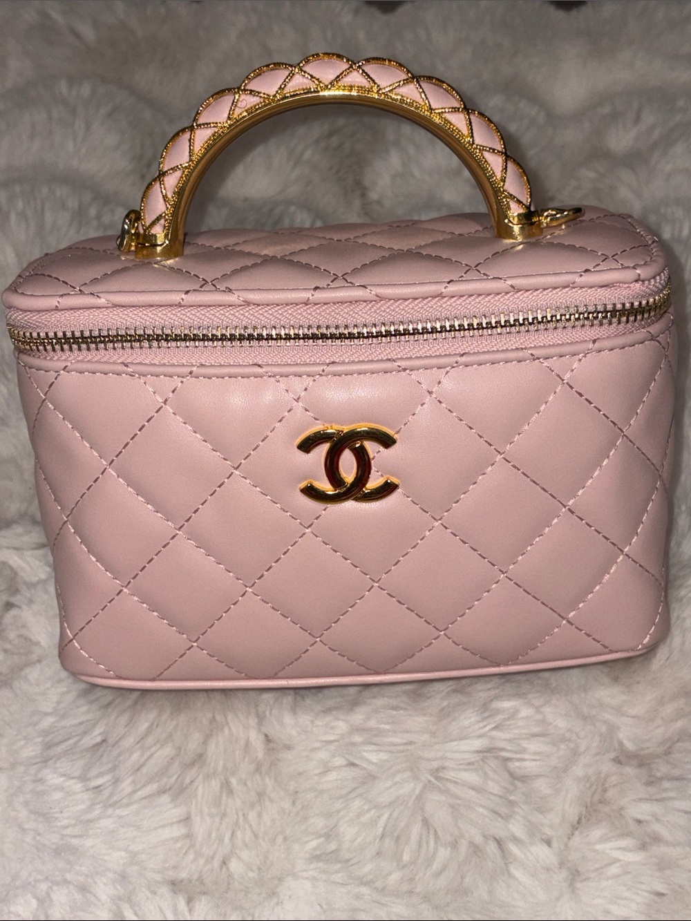 Pink Quilted Vanity Cosmetic Case crossbody purse with Gold Hardware